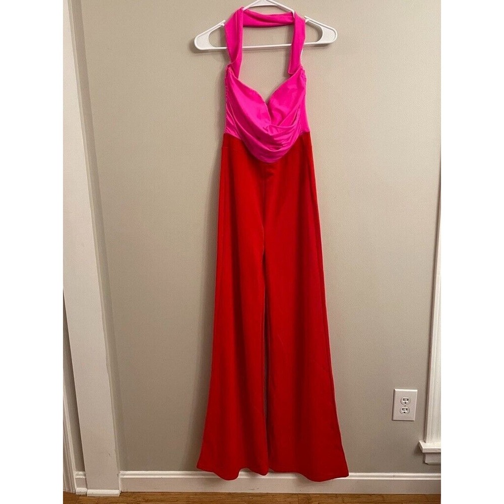 Fashion Nova Cool and Composed Jumsuit Red/Neon Pink Medium Flare Pant Club - Picture 2 of 10